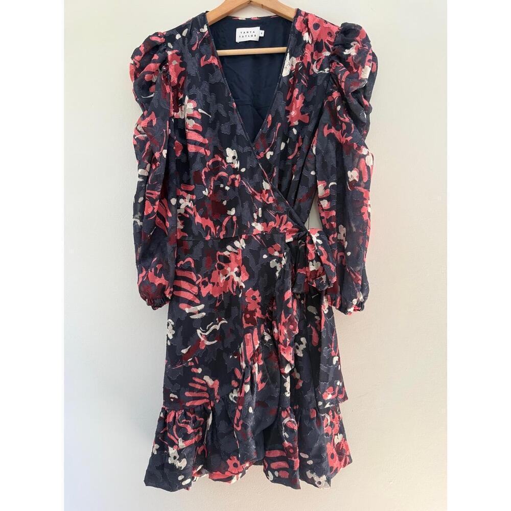 TANYA TAYLOR Dress Womens 6 Navy Floral Wrap Puff Sleeve Ruffled Hem Chic